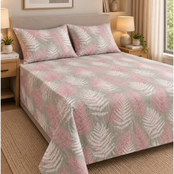 Ever Home Premium 125 GSM Ultra-Soft Flat Bed Sheet Set/Elegant Grey & Pink Fern Leaf Botanical Print/Complete 3-Piece Bedding with 2 Pillow shams/King 270x240 CM