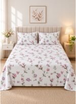 Exquisite 150 GSM Microfiber King Flat Bed Sheet Set - 3-Piece Botanical Bedding with Pink & Purple Rose Vines, Includes 1 Flat Sheet (270x250 CM) & 2 Pillowcases (50x75 CM)