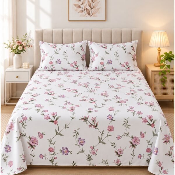 Exquisite 150 GSM Microfiber King Flat Bed Sheet Set - 3-Piece Botanical Bedding with Pink & Purple Rose Vines, Includes 1 Flat Sheet (270x250 CM) & 2 Pillowcases (50x75 CM)