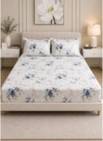 Ever Home Luxury Brushed Microfiber King Flat Sheet Set (270 x 250 CM) – White Blue Floral Vintage Botanical Print with 2 Pillow Covers, Silky-Soft & Breathable Bedding