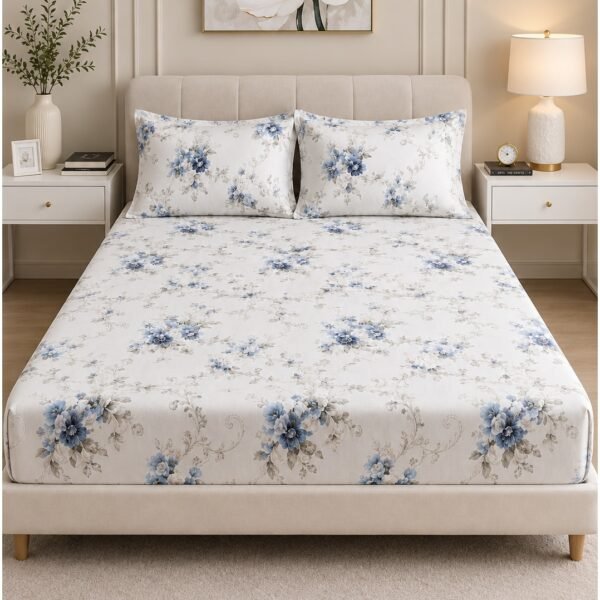 Ever Home Luxury Brushed Microfiber King Flat Sheet Set (270 x 250 CM) – White Blue Floral Vintage Botanical Print with 2 Pillow Covers, Silky-Soft & Breathable Bedding