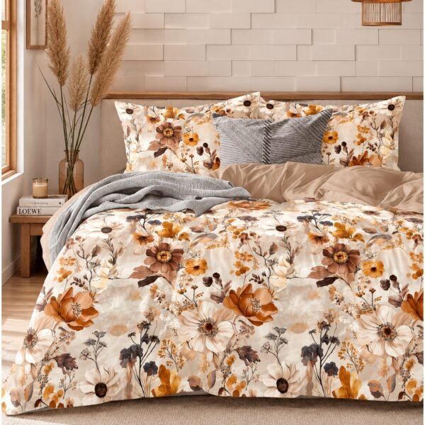 Ever Home Cozy Brushed Microfiber King Flat Sheet Set (270 x 250 CM) – Autumn Mustard & Brown Sunflower Floral Print with 2 Pillow Shams, Silky-Soft & Breathable Bedding