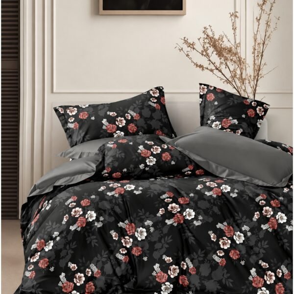 Ever Home 90 GSM Printed Microfiber Flat Bed Sheet Set - King Size (270 x 250 CM) with 1 Flat Sheet and 2 Pillow Covers (50 x 75 CM), Dark Floral Rose Pattern, Black & Multi