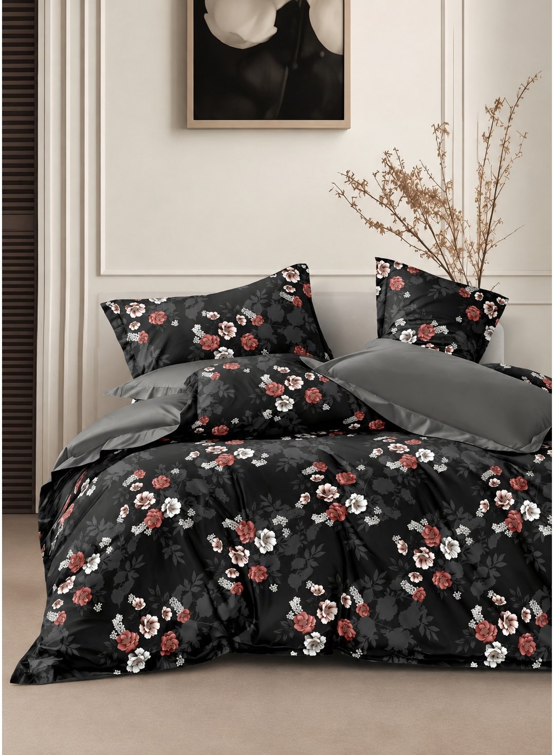 769f7a39-1bee-41b4-aa22-6c8a8a728aa0.jpeg Ever Home 90 GSM Printed Microfiber Flat Bed Sheet Set - King Size (270 x 250 CM) with 1 Flat Sheet and 2 Pillow Covers (50 x 75 CM), Dark Floral Rose Pattern, Black & Multi - Image 1