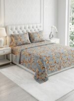 Ever Home Floral & Blossom Print Blue & Gold King Flat Bed Sheet Set, Luxury 125 GSM Soft Breathable Fabric, Nature-Inspired Designer Bedding with 2 Pillowcases, 270x240 CM