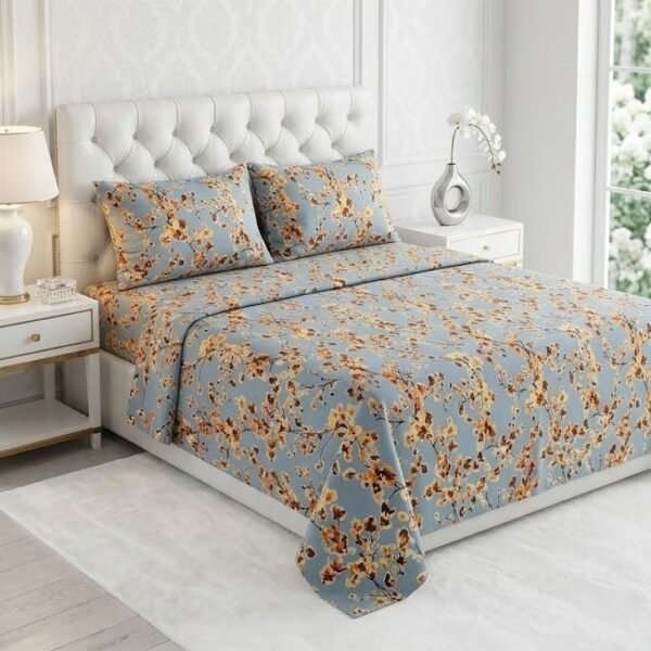 Ever Home Floral & Blossom Print Blue & Gold King Flat Bed Sheet Set, Luxury 125 GSM Soft Breathable Fabric, Nature-Inspired Designer Bedding with 2 Pillowcases, 270x240 CM