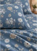 Ever Home Premium 125 GSM Ultra-Soft Flat Bed Sheet Set/Dusty Blue & Cream Botanical Floral Vine Print/Complete 3-Piece Bedding with 2 Pillow shams/King 270x240 CM