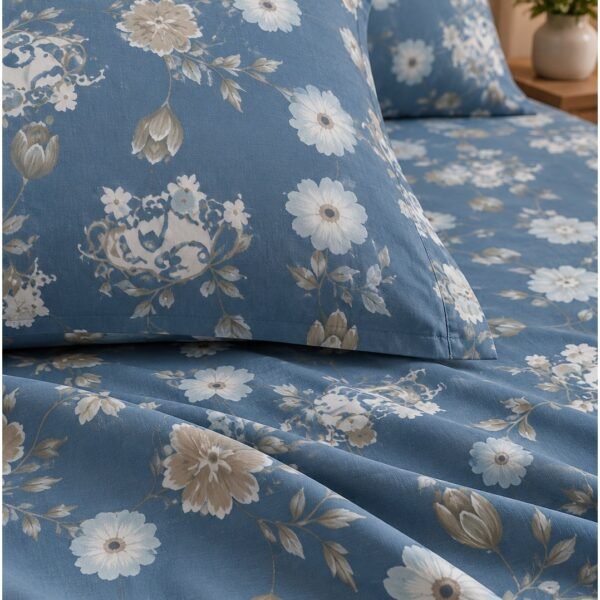 Ever Home Premium 125 GSM Ultra-Soft Flat Bed Sheet Set/Dusty Blue & Cream Botanical Floral Vine Print/Complete 3-Piece Bedding with 2 Pillow shams/King 270x240 CM