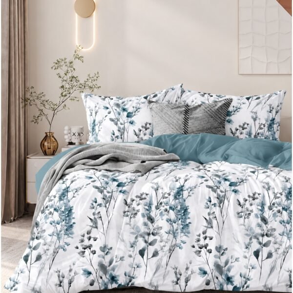 Ever Home Ultra-Soft Brushed Microfiber King Flat Bed Sheet Set (270 x 250 CM) – Elegant Blue Watercolor Floral Botanical Print with 2 Pillow Shams, Lightweight & Breathable All-Season Bedding