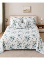 Ever Home Luxury Brushed Microfiber King Flat Sheet Set (270 x 250 CM) – White Teal Floral Botanical Print with 2 Pillow Covers, Silky-Soft & Breathable Bedding - Image 2