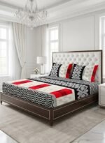 Ever Home Traditional Geometric Pattern Black, Red & White King Flat Bed Sheet Set, Luxury 125 GSM Soft Breathable Fabric, Designer Bedding with 2 Pillowcases, 270x240 CM