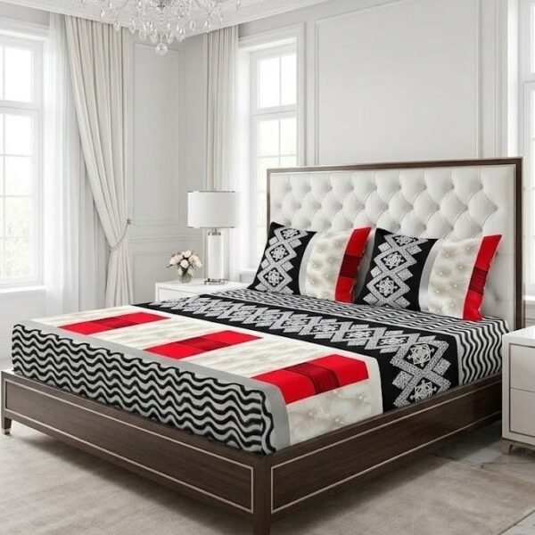Ever Home Traditional Geometric Pattern Black, Red & White King Flat Bed Sheet Set, Luxury 125 GSM Soft Breathable Fabric, Designer Bedding with 2 Pillowcases, 270x240 CM