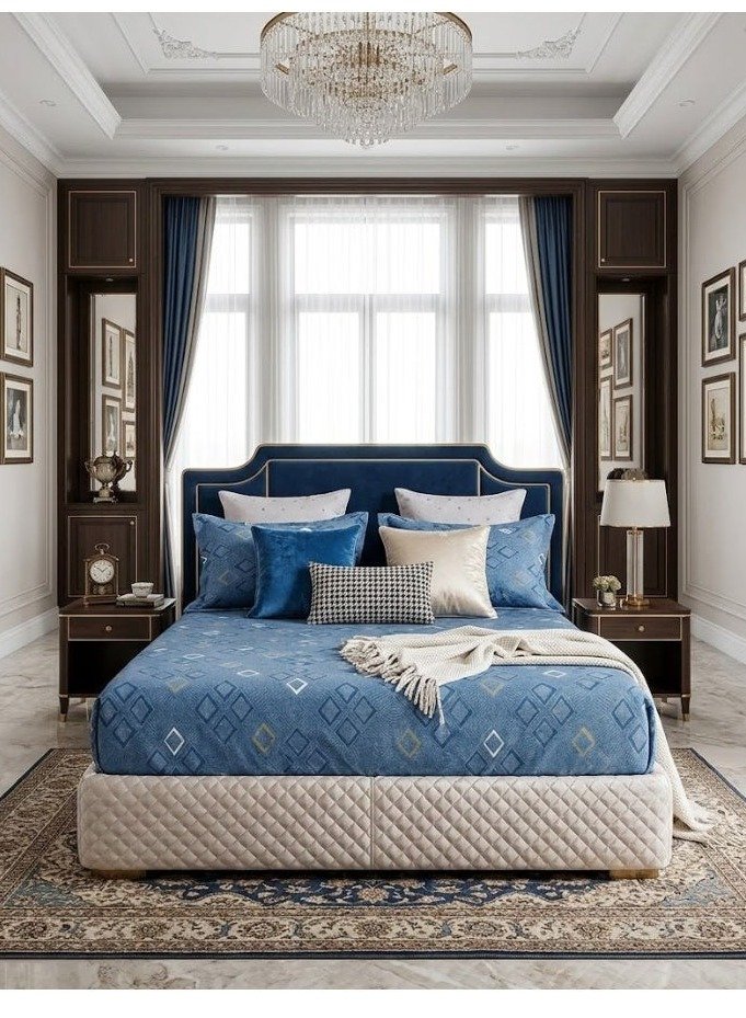 8a6c404d-7e66-4006-831b-29ad0e3ab871.jpeg 3-Piece King Size Flat Bed Sheet Set - 150 GSM Ultra-Soft Microfiber Bedding with Modern Geometric Diamond Print in Teal Blue, Includes 1 Flat Sheet (270x250 CM) & 2 Pillowcases (50x75 CM) - Image 1