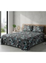 Ever Home 3-Piece Charcoal Grey Botanical Flat Sheet Package/Turquoise & White Leaf Vine Pattern / 125 GSM Lightweight Soft Textile/King Size 270x240 CM with 2 Pillow Cases - Image 2