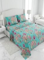 Ever Home Premium 125 GSM Ultra-Soft Flat Bed Sheet Set/Vibrant Turquoise Blue & Pink Peony Floral Botanical Print/Complete 3-Piece Bedding with 2 Pillow shams/King 270x240 CM