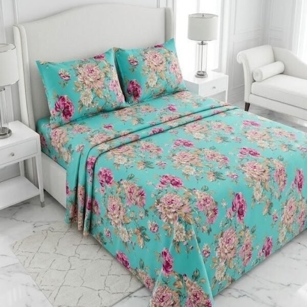 Ever Home Premium 125 GSM Ultra-Soft Flat Bed Sheet Set/Vibrant Turquoise Blue & Pink Peony Floral Botanical Print/Complete 3-Piece Bedding with 2 Pillow shams/King 270x240 CM