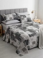 Ever Home Luxury Brushed Microfiber King Flat Sheet Set (270 x 250 CM) – Grey Charcoal Checkered Patchwork Print with 2 Pillow Covers, Silky-Soft & Breathable Bedding