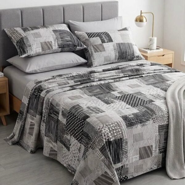 Ever Home Luxury Brushed Microfiber King Flat Sheet Set (270 x 250 CM) – Grey Charcoal Checkered Patchwork Print with 2 Pillow Covers, Silky-Soft & Breathable Bedding