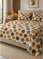 Ever Home 3-Piece Autumn Leaf Flat Sheet Collection/Warm Brown, Gold & Grey Round Foliage Motif / 125 GSM Lightweight Breathable Fabric/King Size 270x240 CM with 2 Pillow Cases