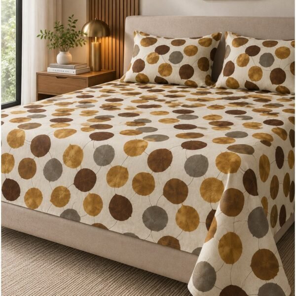 Ever Home 3-Piece Autumn Leaf Flat Sheet Collection/Warm Brown, Gold & Grey Round Foliage Motif / 125 GSM Lightweight Breathable Fabric/King Size 270x240 CM with 2 Pillow Cases