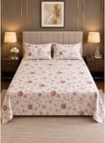 Ever Home 90 GSM Printed Microfiber Flat Bed Sheet Set - King Size (270 x 250 CM) with 1 Flat Sheet and 2 Pillow Covers (50 x 75 CM), Vintage Rose Floral Pattern, Dusty Pink & Cream