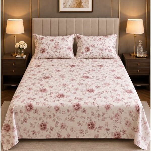 Ever Home 90 GSM Printed Microfiber Flat Bed Sheet Set - King Size (270 x 250 CM) with 1 Flat Sheet and 2 Pillow Covers (50 x 75 CM), Vintage Rose Floral Pattern, Dusty Pink & Cream