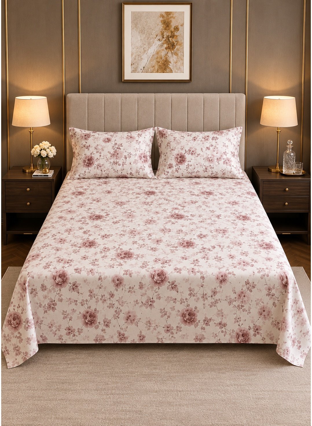 9396d1b8-4966-4175-9450-0c6dbd4a2f71.jpeg Ever Home 90 GSM Printed Microfiber Flat Bed Sheet Set - King Size (270 x 250 CM) with 1 Flat Sheet and 2 Pillow Covers (50 x 75 CM), Vintage Rose Floral Pattern, Dusty Pink & Cream - Image 1
