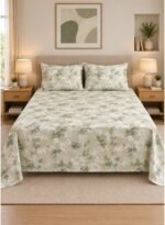 Ever Home Premium 125 GSM Ultra-Soft Flat Bed Sheet Set/Subtle Sage Green & White Wildflower Botanical Print/Complete 3-Piece Bedding with 2 Pillow shams/King 270x240 CM