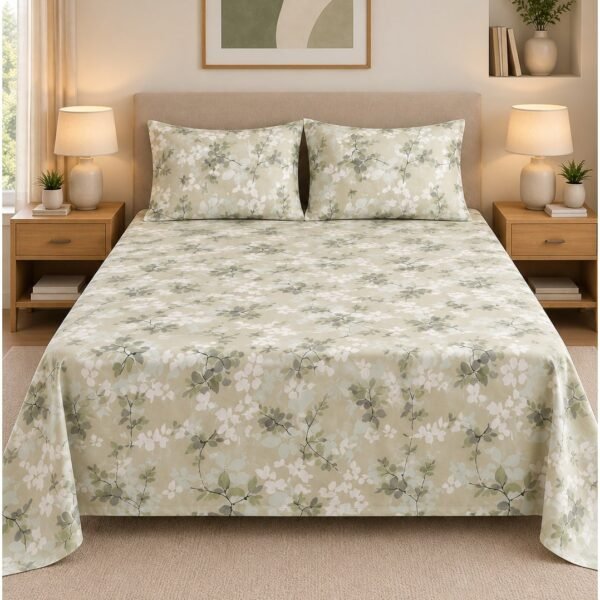 Ever Home Premium 125 GSM Ultra-Soft Flat Bed Sheet Set/Subtle Sage Green & White Wildflower Botanical Print/Complete 3-Piece Bedding with 2 Pillow shams/King 270x240 CM