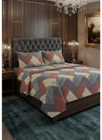 Ever Home Luxury 125 GSM Soft Breathable Flat Bed Sheet Set/Geometric Striped Patchwork Pattern in Rust, Grey & Beige/Includes 2 Matching Pillowcases/King Size 270x240 CM - Image 2