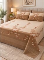 Ever Home Luxury Brushed Microfiber King Flat Sheet Set (270 x 250 CM) – Brown Beige Floral Panel Border Print with 2 Pillow Covers, Silky-Soft & Breathable Bedding