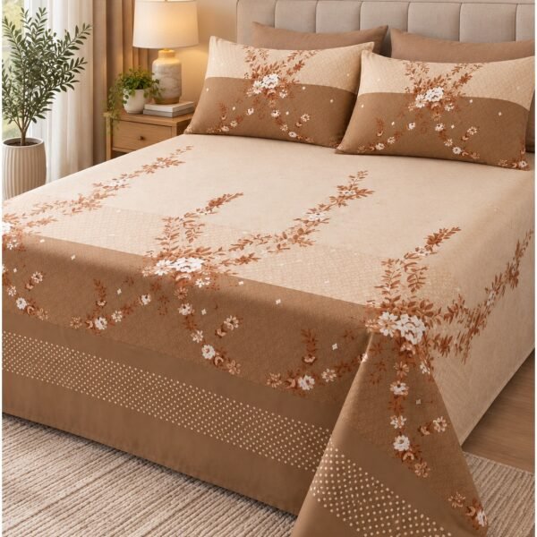Ever Home Luxury Brushed Microfiber King Flat Sheet Set (270 x 250 CM) – Brown Beige Floral Panel Border Print with 2 Pillow Covers, Silky-Soft & Breathable Bedding