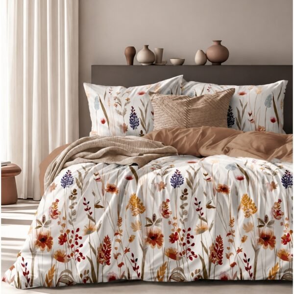 Ever Home 90 GSM Printed Microfiber Flat Bed Sheet Set - King Size (270 x 250 CM) with 1 Flat Sheet and 2 Pillow Covers (50 x 75 CM), Boho Wildflower Botanical Pattern, Multi-Color