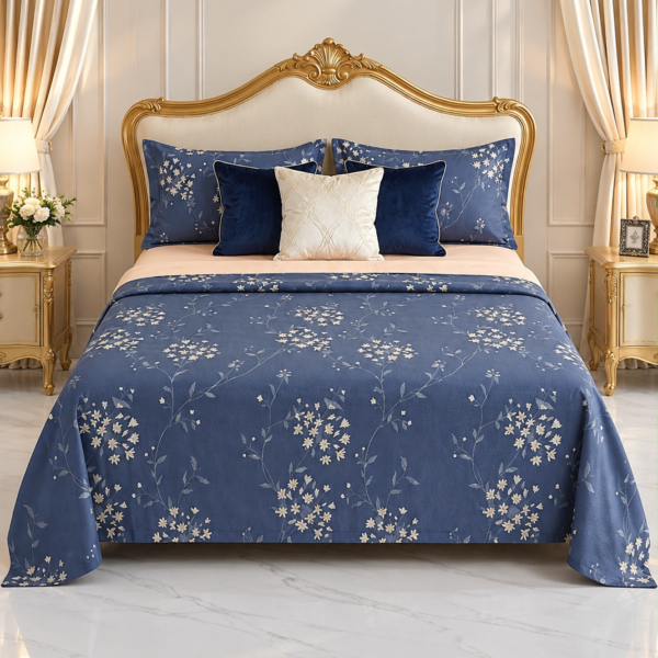 3-Piece Premium Quality 150 GSM Microfiber King Size Flat Bed Sheet Set - Dusty Blue with Delicate White Floral Vines, Includes 1 Flat Sheet (270x250 CM) & 2 Pillowcases (50x75 CM)