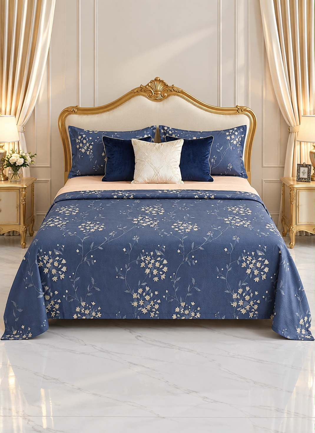 ChatGPT Image Sep 27, 2026, 06_44_35 PM 3-Piece Premium Quality 150 GSM Microfiber King Size Flat Bed Sheet Set - Dusty Blue with Delicate White Floral Vines, Includes 1 Flat Sheet (270x250 CM) & 2 Pillowcases (50x75 CM) - Image 1