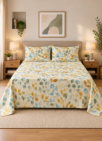 Ever Home Premium 125 GSM Ultra-Soft Flat Bed Sheet Set/Botanical Leaf Print in Yellow & Blue/Complete 3-Piece Bedding with 2 Pillow shams/King 270x240 CM