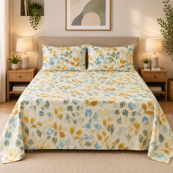 Ever Home Premium 125 GSM Ultra-Soft Flat Bed Sheet Set/Botanical Leaf Print in Yellow & Blue/Complete 3-Piece Bedding with 2 Pillow shams/King 270x240 CM