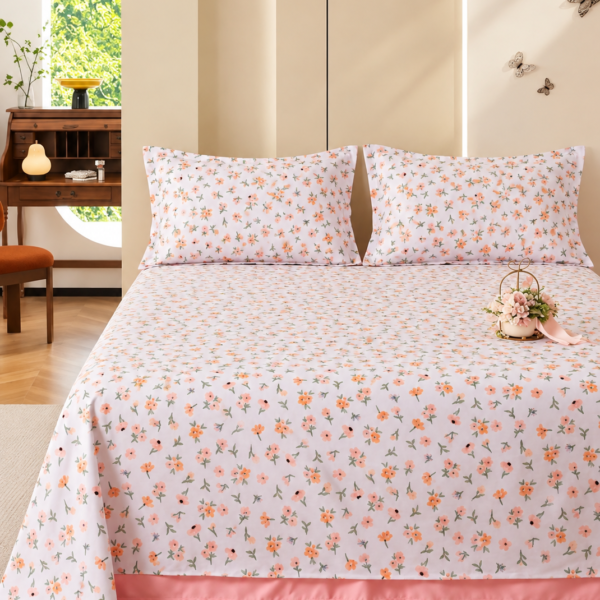 3-Piece King Size Flat Bed Sheet Set - 150 GSM Soft Microfiber Bedding with Delicate Peach Ditsy Floral Print, Includes 1 Flat Sheet (270x250 CM) & 2 Pillowcases (50x75 CM)
