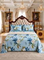 3-Piece King Size Flat Bed Sheet Set - 150 GSM Soft Microfiber Bedding with Light Blue Botanical Lily Print, Includes 1 Flat Sheet (270x250 CM) & 2 Pillowcases (50x75 CM)