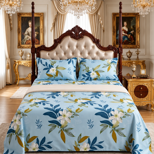 3-Piece King Size Flat Bed Sheet Set - 150 GSM Soft Microfiber Bedding with Light Blue Botanical Lily Print, Includes 1 Flat Sheet (270x250 CM) & 2 Pillowcases (50x75 CM)