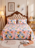 3-Piece King Size Flat Bed Sheet Set - 150 GSM Soft Microfiber Bedding with Vibrant Tropical Floral Print on Pink, Includes 1 Flat Sheet (270x250 CM) & 2 Pillowcases (50x75 CM)
