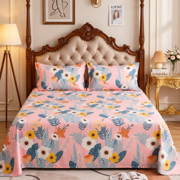 3-Piece King Size Flat Bed Sheet Set - 150 GSM Soft Microfiber Bedding with Vibrant Tropical Floral Print on Pink, Includes 1 Flat Sheet (270x250 CM) & 2 Pillowcases (50x75 CM)