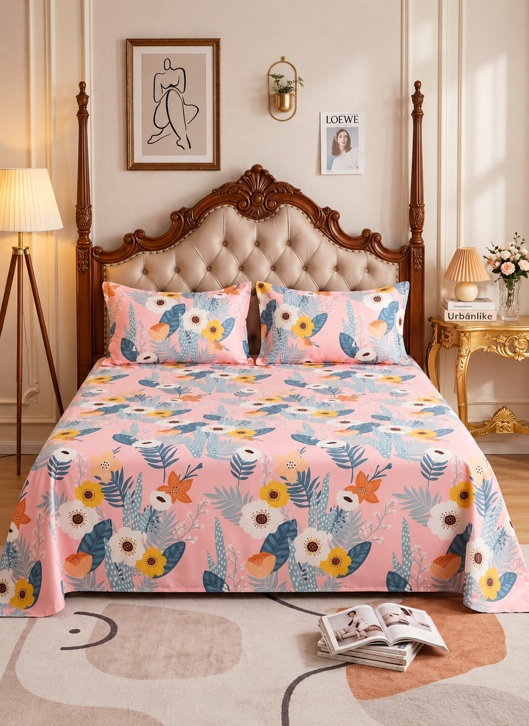 ChatGPT Image Sep 27, 2026, 06_45_08 PM 3-Piece King Size Flat Bed Sheet Set - 150 GSM Soft Microfiber Bedding with Vibrant Tropical Floral Print on Pink, Includes 1 Flat Sheet (270x250 CM) & 2 Pillowcases (50x75 CM) - Image 1
