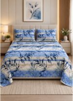 Ever Home Luxury 125 GSM Soft Breathable Flat Bed Sheet Set/Modern Blue & White Botanical Leaf Stripe Pattern/Includes 2 Matching Pillowcases/King Size 270x240 CM