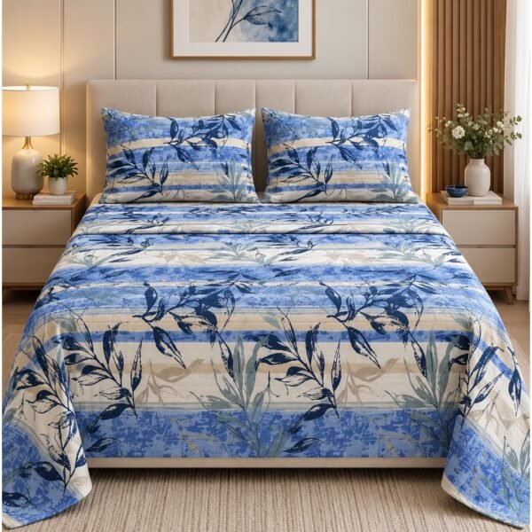 Ever Home Luxury 125 GSM Soft Breathable Flat Bed Sheet Set/Modern Blue & White Botanical Leaf Stripe Pattern/Includes 2 Matching Pillowcases/King Size 270x240 CM
