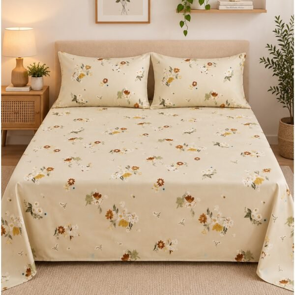 3-Piece King Size Bed Sheet Set - 150 GSM Premium Microfiber Bedding with Vintage Floral Print on Beige, Includes 1 Flat Sheet (270x250 CM) & 2 Matching Pillowcases (50x75 CM)