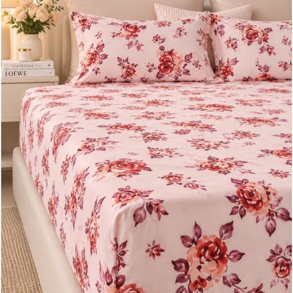 Ever Home Luxury Brushed Microfiber King Flat Sheet Set (270 x 250 CM) – Light Peach Deep Rose Floral Print with 2 Pillow Covers, Silky-Soft & Breathable Bedding