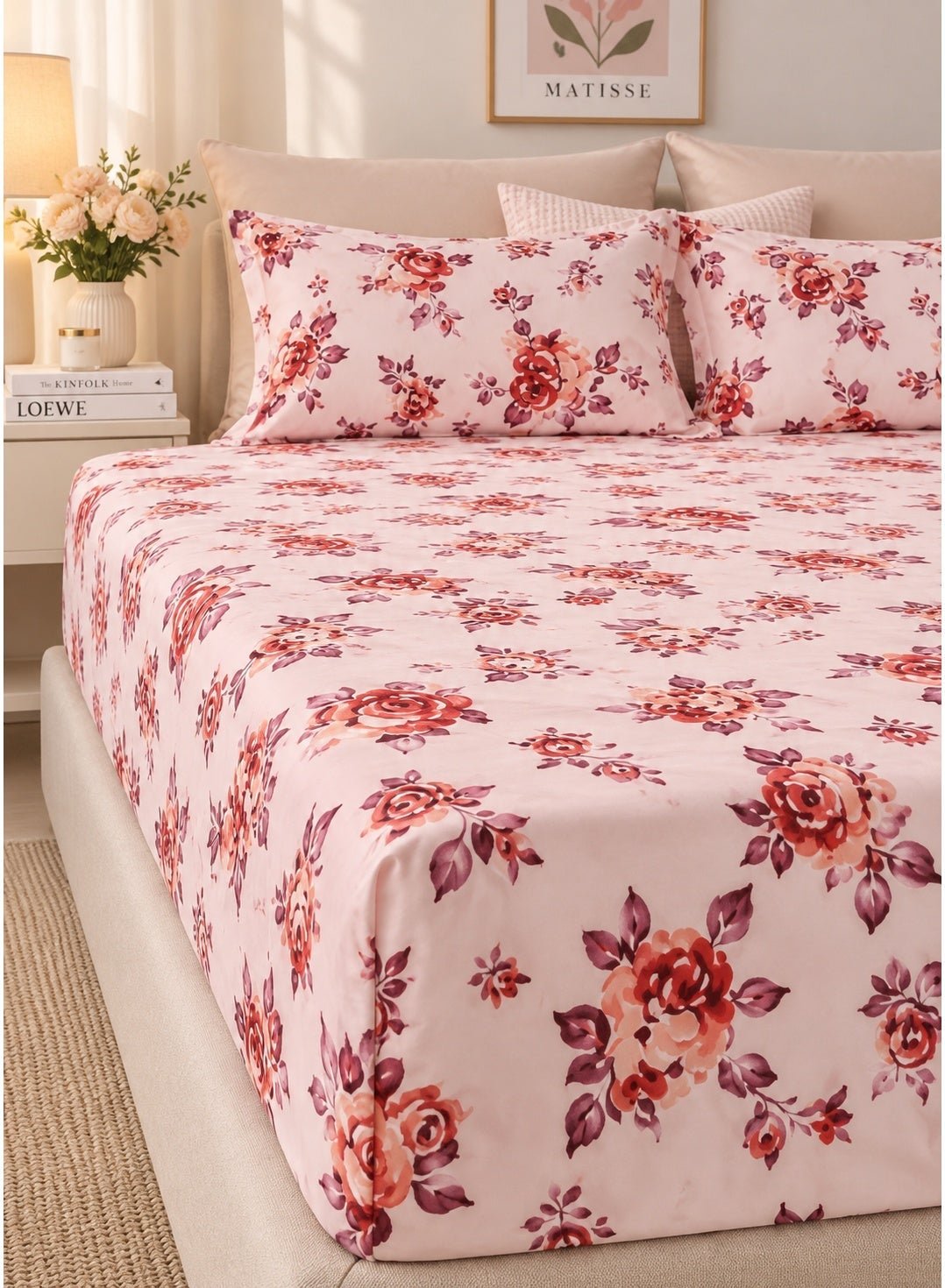 a200e5dd-a34e-45ee-a2c8-c63dad2f78c4.jpg Ever Home Luxury Brushed Microfiber King Flat Sheet Set (270 x 250 CM) – Light Peach Deep Rose Floral Print with 2 Pillow Covers, Silky-Soft & Breathable Bedding - Image 1