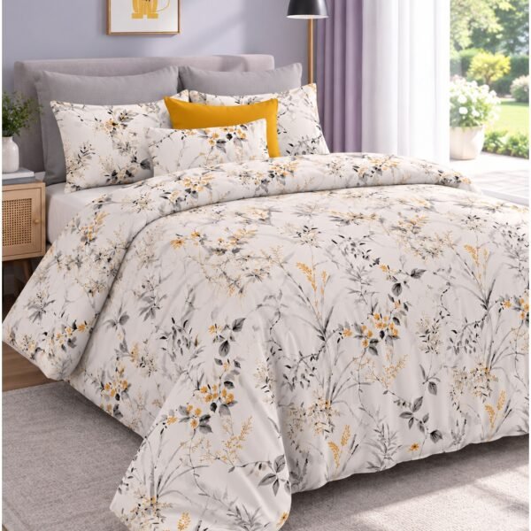 Ever Home Luxury Brushed Microfiber King Flat Sheet Set (270 x 250 CM) – Off-White Mustard Yellow Floral Botanical Print with 2 Pillow Covers, Silky-Soft & Breathable Bedding