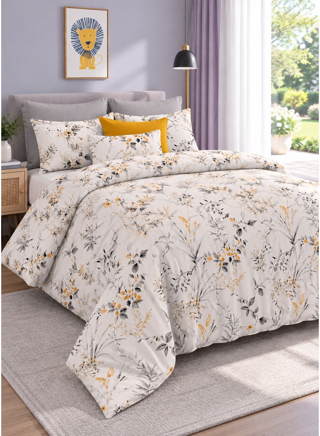 a2d4bbe3-f556-49d9-8688-89983fc78d99.jpeg Ever Home Luxury Brushed Microfiber King Flat Sheet Set (270 x 250 CM) – Off-White Mustard Yellow Floral Botanical Print with 2 Pillow Covers, Silky-Soft & Breathable Bedding - Image 1